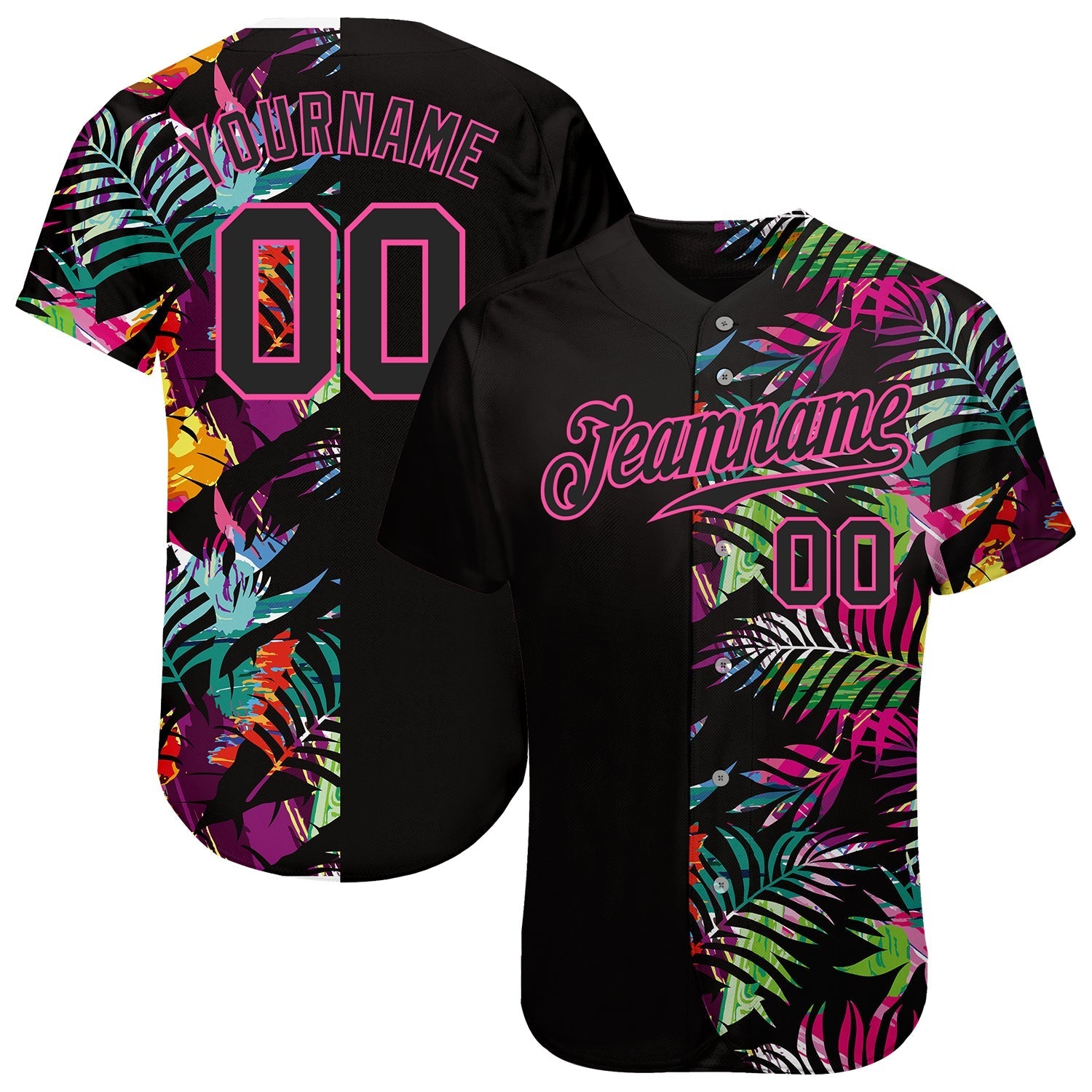 Custom Black Black-Pink 3D Pattern Design Tropical Palm Leaves Baseball Shirt