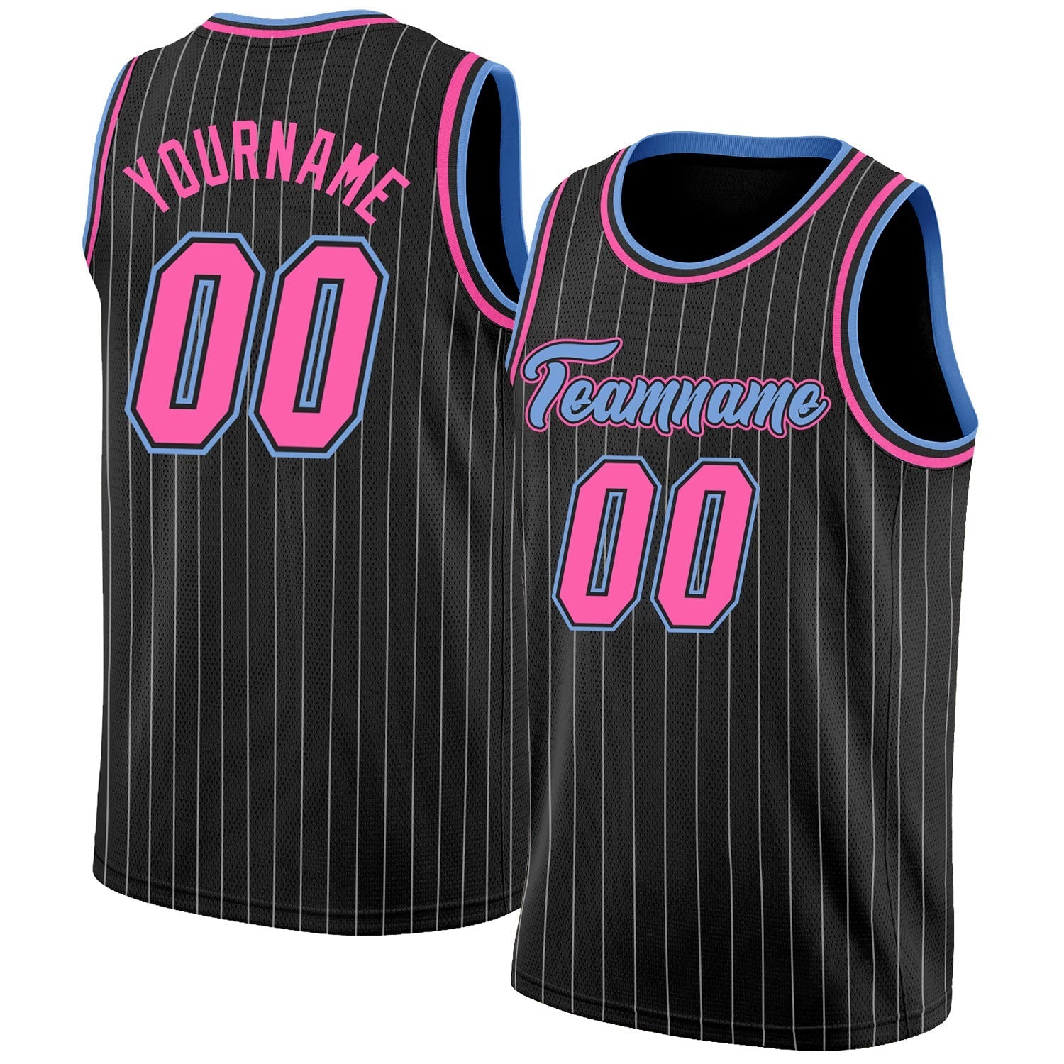 Custom Black White Pinstripe Pink-Light Blue Basketball Shirt