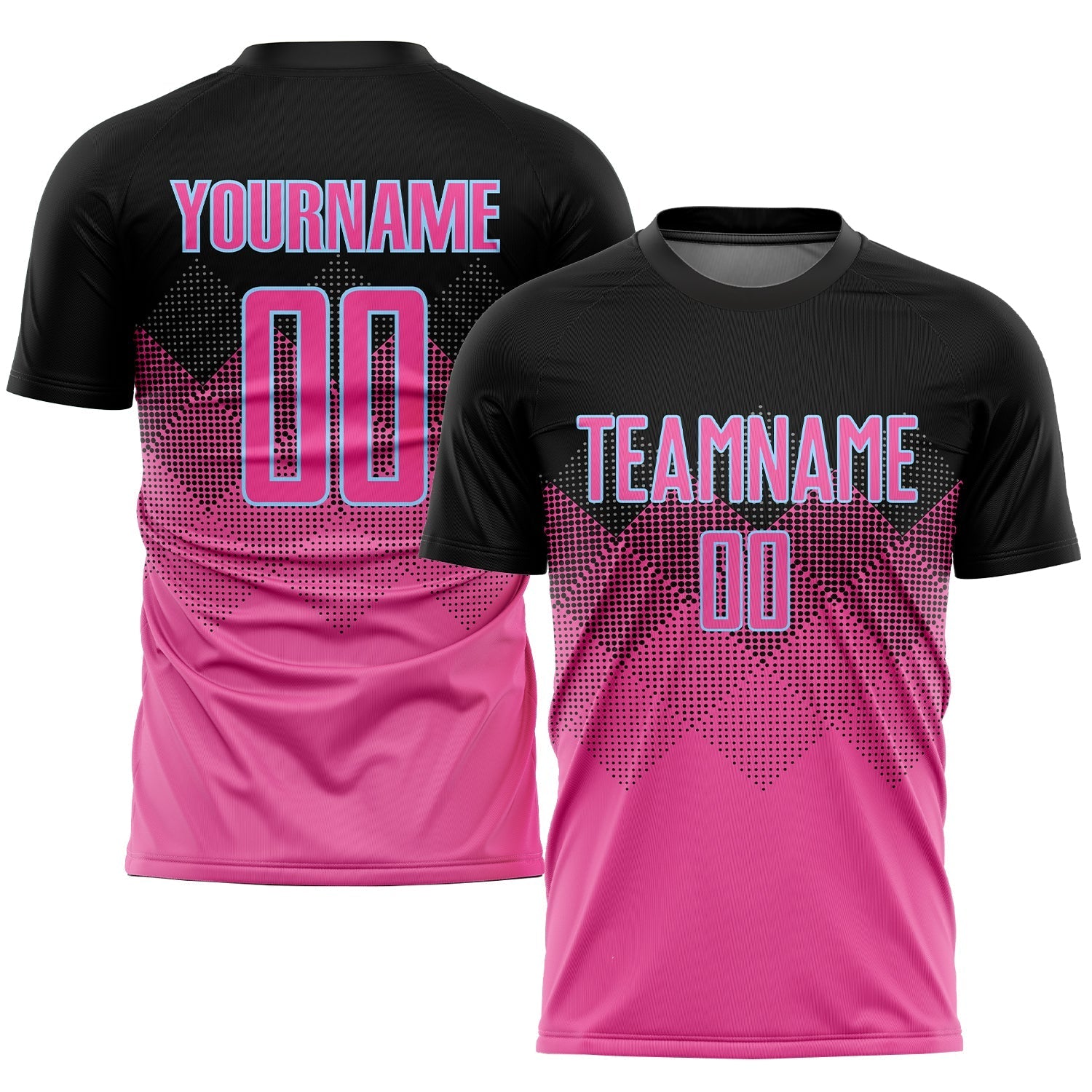 Custom Pink Black-LIght Blue Gradient Square Shape Sublimation Soccer Uniform Shirt